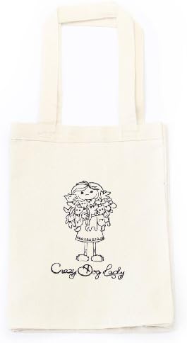 100% Cotton Canvas Durable Multipurpose Embroidered B&W Crazy Dog Lady Tote Bag (14" x 11" x 5.25")