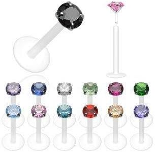 Bio-Flex Shaft with Push-in .925 Silver Prong Set Gem Labret/Monroe 16g 5/16"