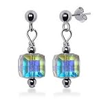 Prominent Clear Swarovski Cube Crystal Kids Sterling Silver Post 1" Long Drop Earrings