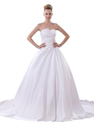 Strapless  Satin Beaded Ruched Applique Pleated Spring Fall  Ball Gown Wedding Dress  with a Chapel Train 