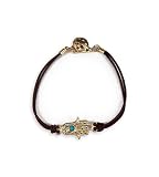 Gold Tone Charm Brown Band Turquoise Hamsa Bracelet