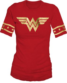  Wonder Woman Gold Foil Striped Sleeves Red Juniors T-shirt Tee