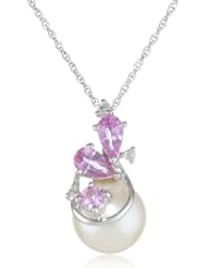 10k White Gold Sapphire, Freshwater Cultured Pearl and Diamond Pendant Necklace (0.03 cttw GH, Color, I2-I3 Clarity), 17"