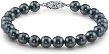 Sterling Silver 5-5.5mm Round Black Japanese Akoya Saltwater Cultured Pearl Bracelet for Women