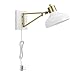 Globe Electric Berkeley 1-Light Plug-In or Hardwire Swing Arm Wall Sconce, White, Brass Accents, White Cloth Cord 51344