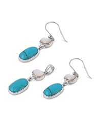 Sterling Silver Elegant Fashion Oval Design Pendant and Earrings Jewelry Set with Turquoise Stone and Mother of Pearl