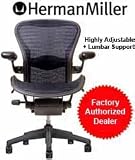 Aeron Chair by Herman Miller - Home Office Desk Task Chair Fully Loaded Highly Adjustable Medium Size (B) - Lumbar Back Support Cushion Graphite Frame Blue Black Tuxedo Pellicle
