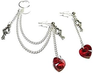 Swarovski Crystal Hearts and Keys Chain Ear Cuff Earring