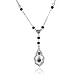 Sterling Silver Marcasite, Black Cubic Zirconia and Black Glass Y Drop Necklace, 16