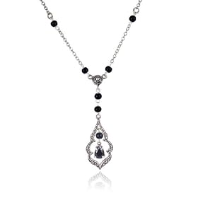 Sterling Silver Marcasite, Black Cubic Zirconia and Black Glass Y Drop... by