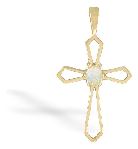 14K Yellow Gold Genuine Round Opal Cross Pendant