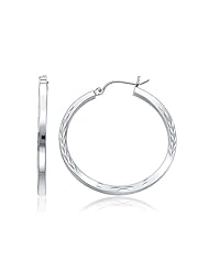 14K White Gold Diamond Cut Hoop Earrings