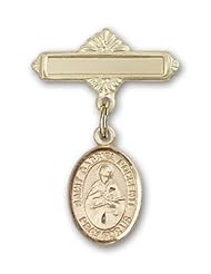 14K Gold Baby Badge with St. Gabriel Possenti Charm and Polished Badge Pin