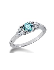 1.00 Ct 3-Stone 14K White Gold Round Blue and White Diamond Ring