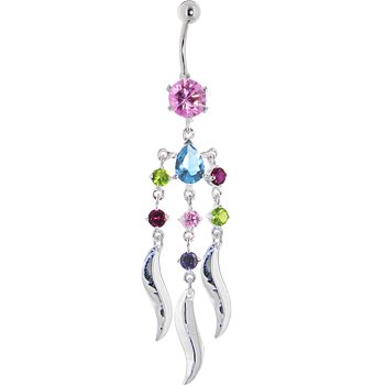 925 Sterling Silver Pastel Rainbow Cubic Zirconia Feather Dangle Belly Ring