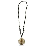 70's Inspired Flower Swirl Circular Murano Glass Pendant on Black and Gold Beaded Chain, 28 Inches Long