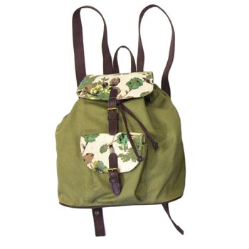 TOKYObay Ladies Duffle Floral Olive Green Backpack Handbag with Brown Faux Leather Trim