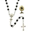 Black 5mm Beaded Rosary with Links - First Communion Chalice Centerpiece - Monstrance Lapel Pin (20mmx12mm) - 24'' Necklace, 17'' Overall Length