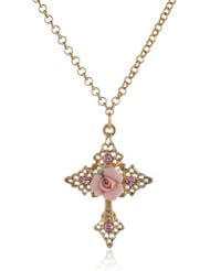 1928 Jewelry Porcelain Rose Cross Necklace