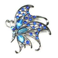 Blue Austrian Rhinestone Butterfly Brass-Tone Brooch Pin