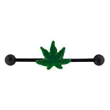 14G 1 1/4 Black PVD Coated Industrial Barbell with Green Hemp Leaf Center - Sold Individually