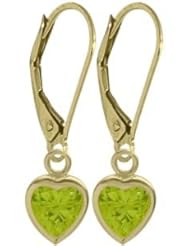 Girls August 1.20 Carat 6mm Genuine Peridot 14K Yellow Gold Heart Leverback Earrings