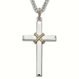 Sterling Silver Cross Necklace in a 2-Tone Design with Centered Rope Men's Religious Jewelry Men's Crosses Gift Boxed w/Chain 24 Length Gift Boxed