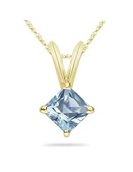 1.05 Cts of 6 mm AA Princess Aquamarine Solitaire Pendant in 14K Yellow Gold