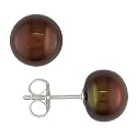 8-9mm Cultured Freshwater Brown Button Pearl Earrings w/ Sterling Silver