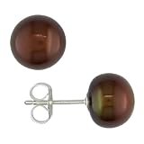 8-9mm Cultured Freshwater Brown Button Pearl Earrings w/ Sterling Silver