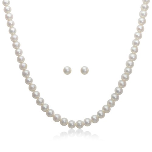 Sterling Silver 5.5-6.0mm White Freshwater Cultured Pearl Stud Earrings and Necklace Set