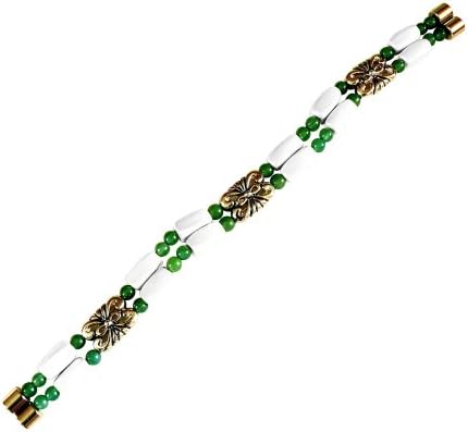 Green &amp; White Beaded Woman's Magnetic Therapy Bracelet - Size Med to Lg, 7.5 In.
