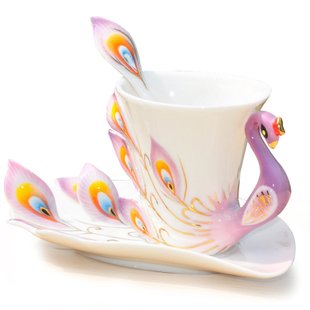 DUSIEC Collectable Fine Arts China Porcelain Tea Cup and Saucer Coffee Cup Peacock Theme Romantic Creative Present (Purple)