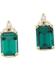 Pair 1/8 Ct Tw/07.00X05.00 Mm 14K Yellow Gold Chatham Created Emerald And Diamond Earrings