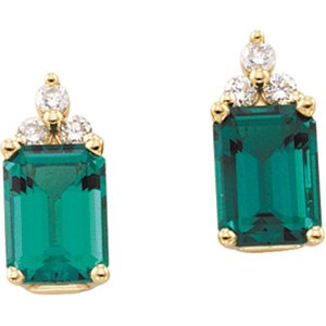 14K Yellow Gold Chatham Created Emerald & Diamond Earrings
