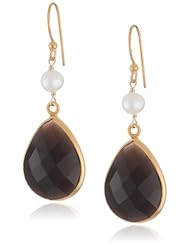 Faceted Black Onyx Pear Shape Bezel with White Freshwater Cultured Pearl and Gold over Silver Ear Wire Drop Earrings