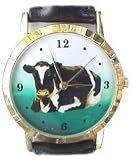 Cow watch Classic size Gold tone case with black leather band. Quartz