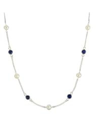 Sterling Silver Chain, Freshwater Pearl and 6 Station Lapis Lazuli Necklace, 18"