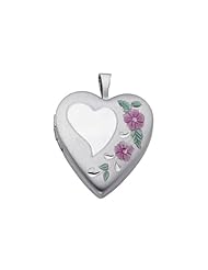 Sterling Silver Pink Enamel Engraved Heart Locket Pendant (0.8" or 20mm Height)