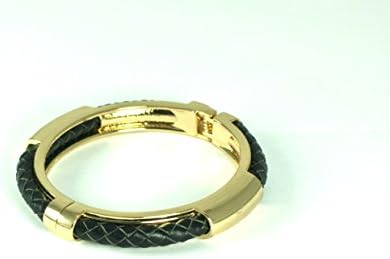 DESIGNER INSPIRED-BLACK BRAIDED LEATHER BANGLE-GOLD PLATE-MAGENTIC CLOSURE.