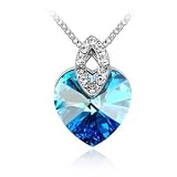 Kzafrance Collection "Fête des Mères" Collier Coeur en Cristal Swarovski et Chaîne en Plaqué Platine Or Blanc 18 Carats - Bleu Saphir