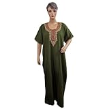 Womens Caftan Olive Green Embroidery Fine Cotton Kaftan  Evening Dress XL