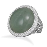 Round Green Aventurine Ring with Cubic Zirconia and Filigree Side Design Fine Silver Plate