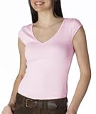 Ladies' Sheer Rib Cap-Sleeve Deep-V-Neck T-Shirt
