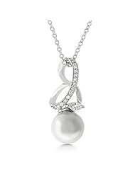 Alexander James White Gold Rhodium Bonded Necklace with a Mother of Pearl Cubic Zirconia Dangle and Round Cut Clear Zircon Accents in Silvertone Chain Not Included