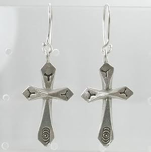 Handmade Cross Dangle Earrings with Decorative Stamping in Sterling Silver, #9484