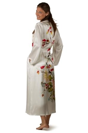 White Silk Robe for Women - The Chrysanthemum - 100% Silk Hand Painted Robe; A Peerless Gift of Art, Beauty, and Luxury by TexereSilk
