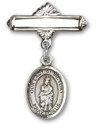 Sterling Silver Baby Badge with Our Lady of Victory Charm and Polished Badge Pin