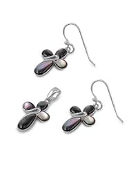 Sterling Silver Onyx Latin Cross Mother of Pearl Earring & Necklace Set