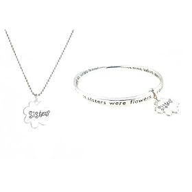 Sister Charm Necklace and Bracelet Set ~ Silver Tone Metal (FB132)